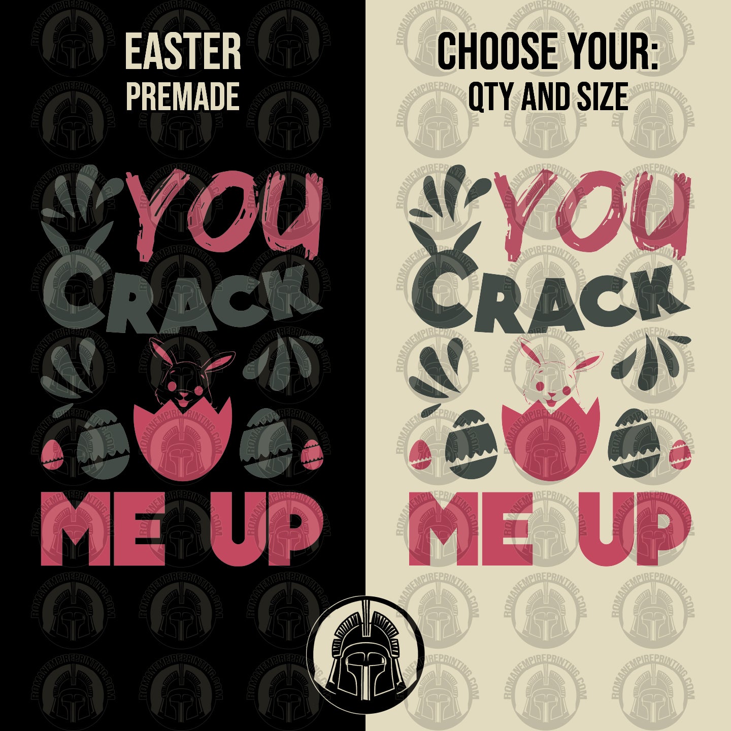 You Crack Me Up graphic in red and black with a rabbit in an egg