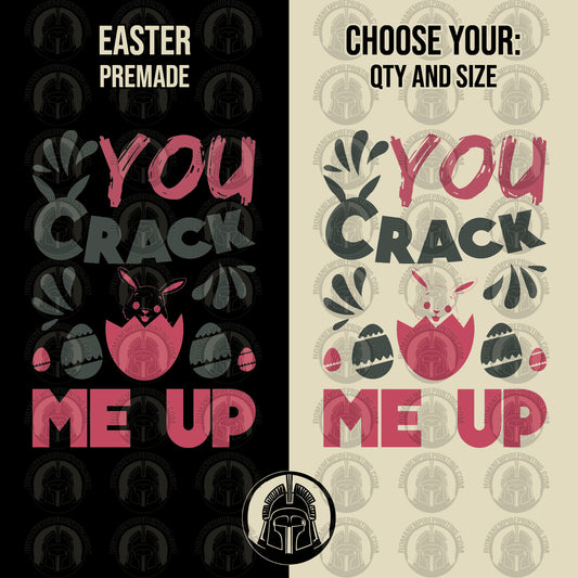 You Crack Me Up graphic in red and black with a rabbit in an egg