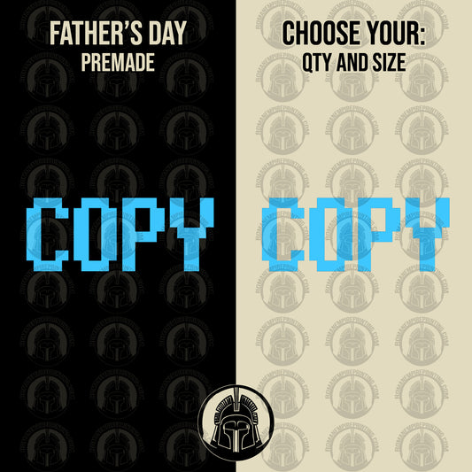 Father's Day promotional graphic with "Copy" text and product icons on a black and beige background.