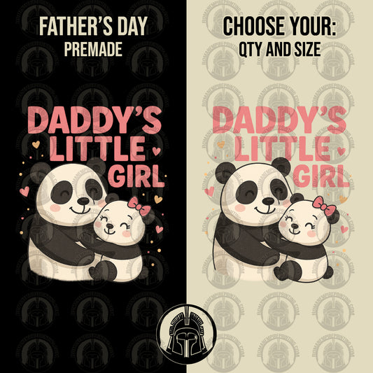 Two designs of panda bears with 'Daddy's Little Girl' text on a black and beige background.