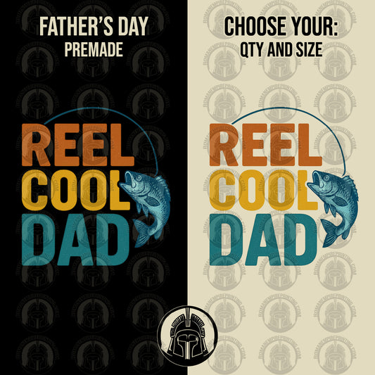 Two versions of a Father's Day card with 'Reel Cool Dad' text and a fish illustration, one on black and one on beige with fishing lure pattern.