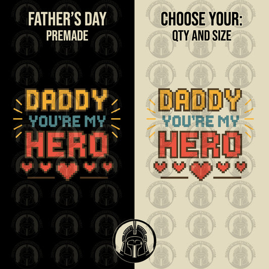 Two versions of a Father's Day design with 'Daddy, you're my hero' text on a black and beige background.