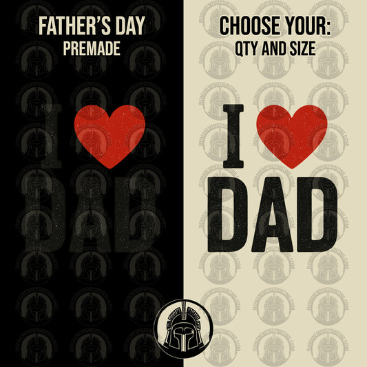 Two Father's Day-themed designs with red hearts and text on black and beige backgrounds.