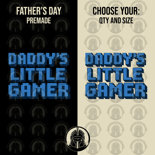 Two versions of 'Daddy's Little Gamer' text design on black and beige backgrounds with a logo.