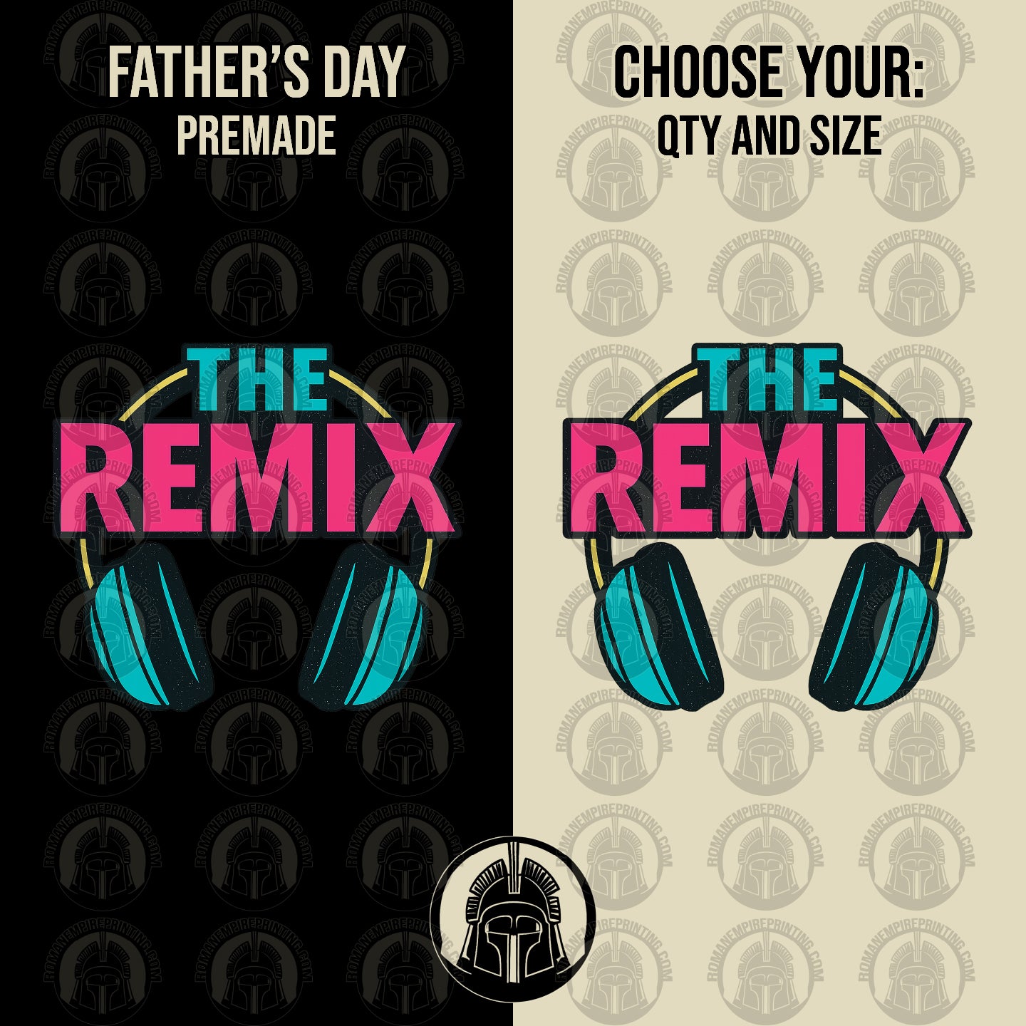 Two versions of a 'The Remix' design with headphones, one on a black background and one on a beige background with a pattern.