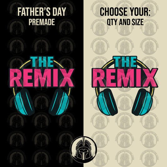Two versions of a 'The Remix' design with headphones, one on a black background and one on a beige background with a pattern.
