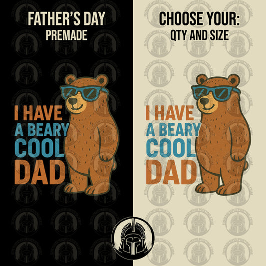 Two versions of a Father's Day card with a bear wearing sunglasses and text on a black and beige background.