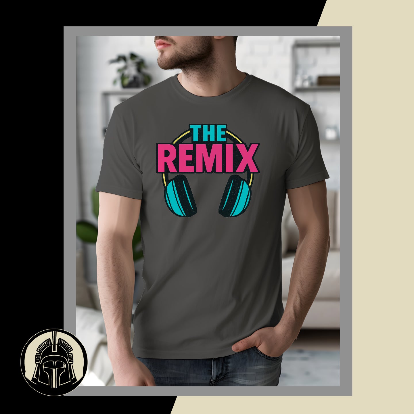 Person wearing a gray t-shirt with 'The Remix' design in a casual setting