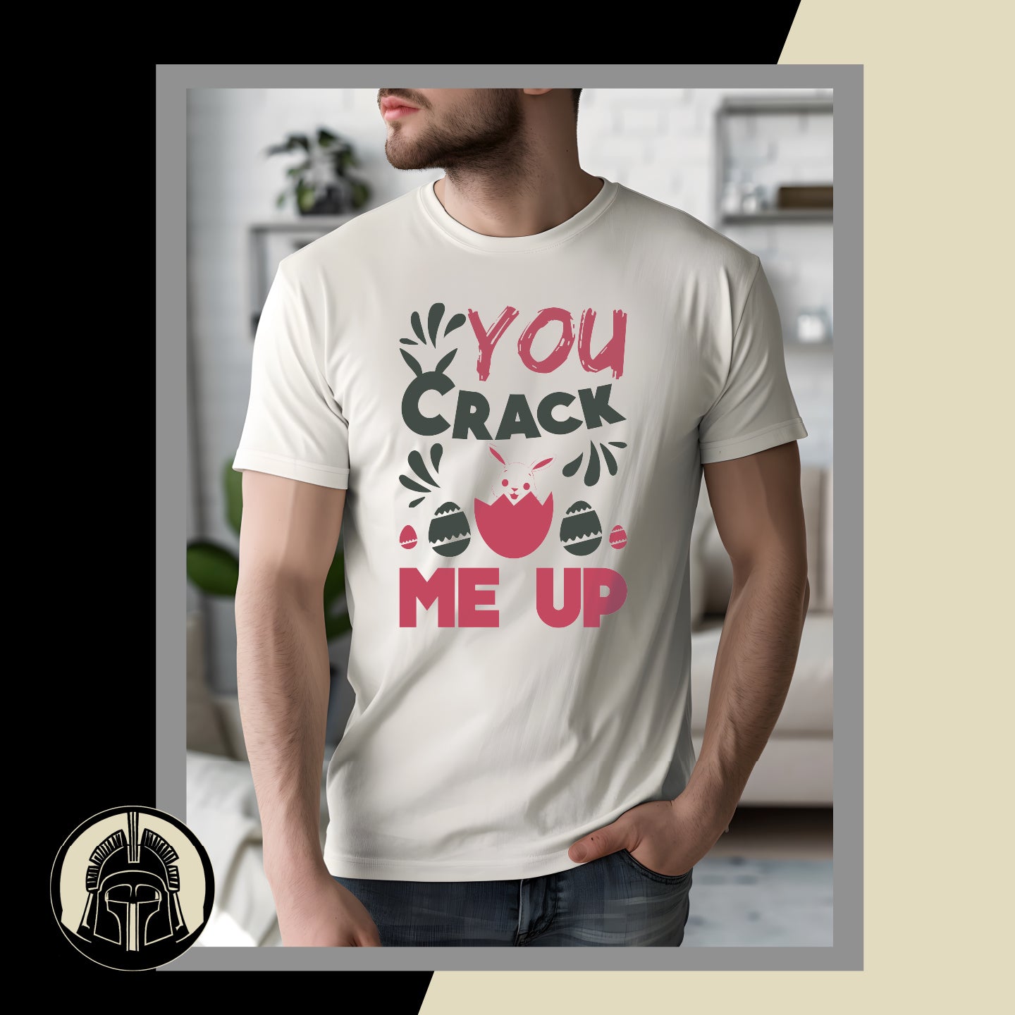 You Crack Me Up graphic in red and black with a rabbit in an egg on a white t-shirt