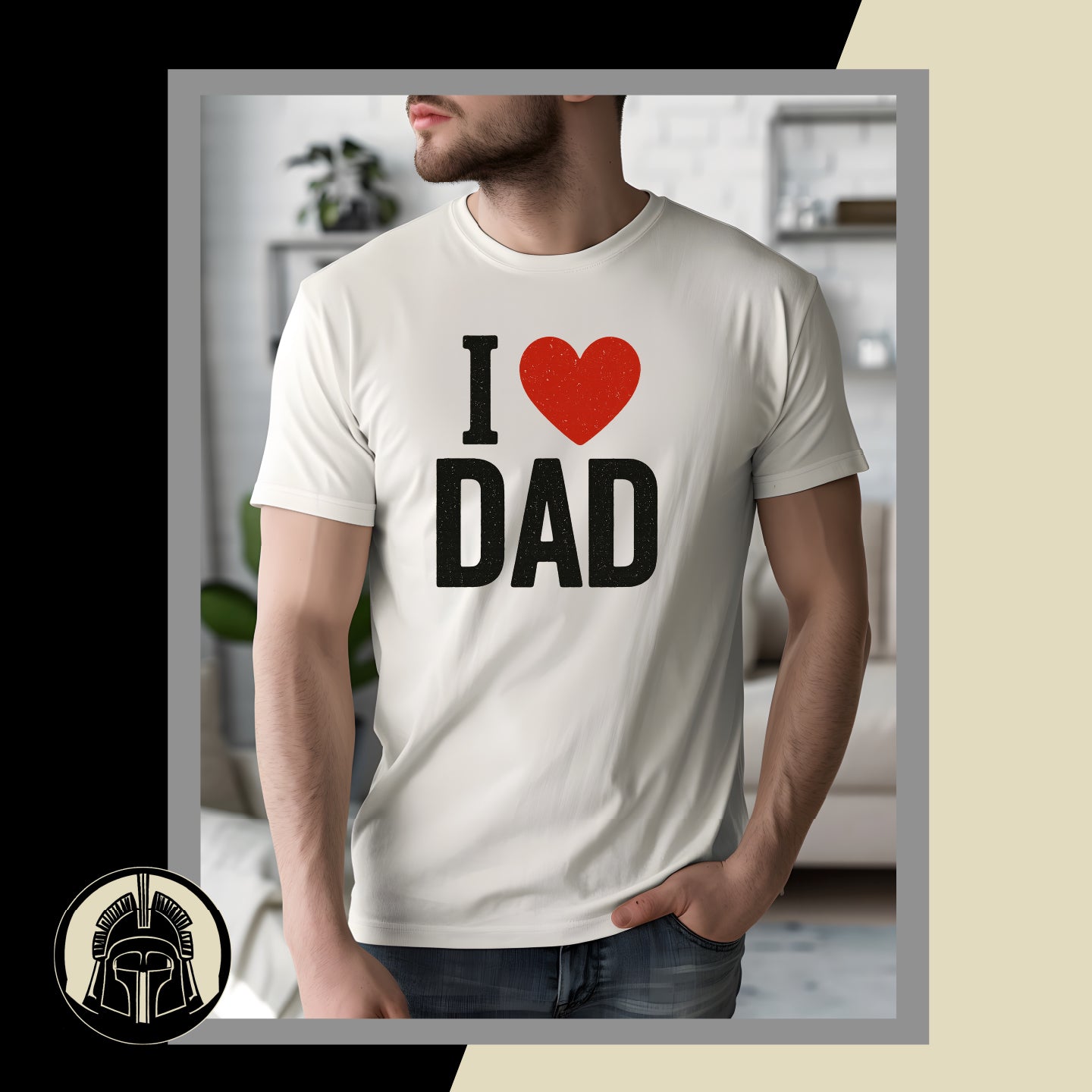 Person wearing a white t-shirt with 'I ❤️ DAD' text in a casual setting.