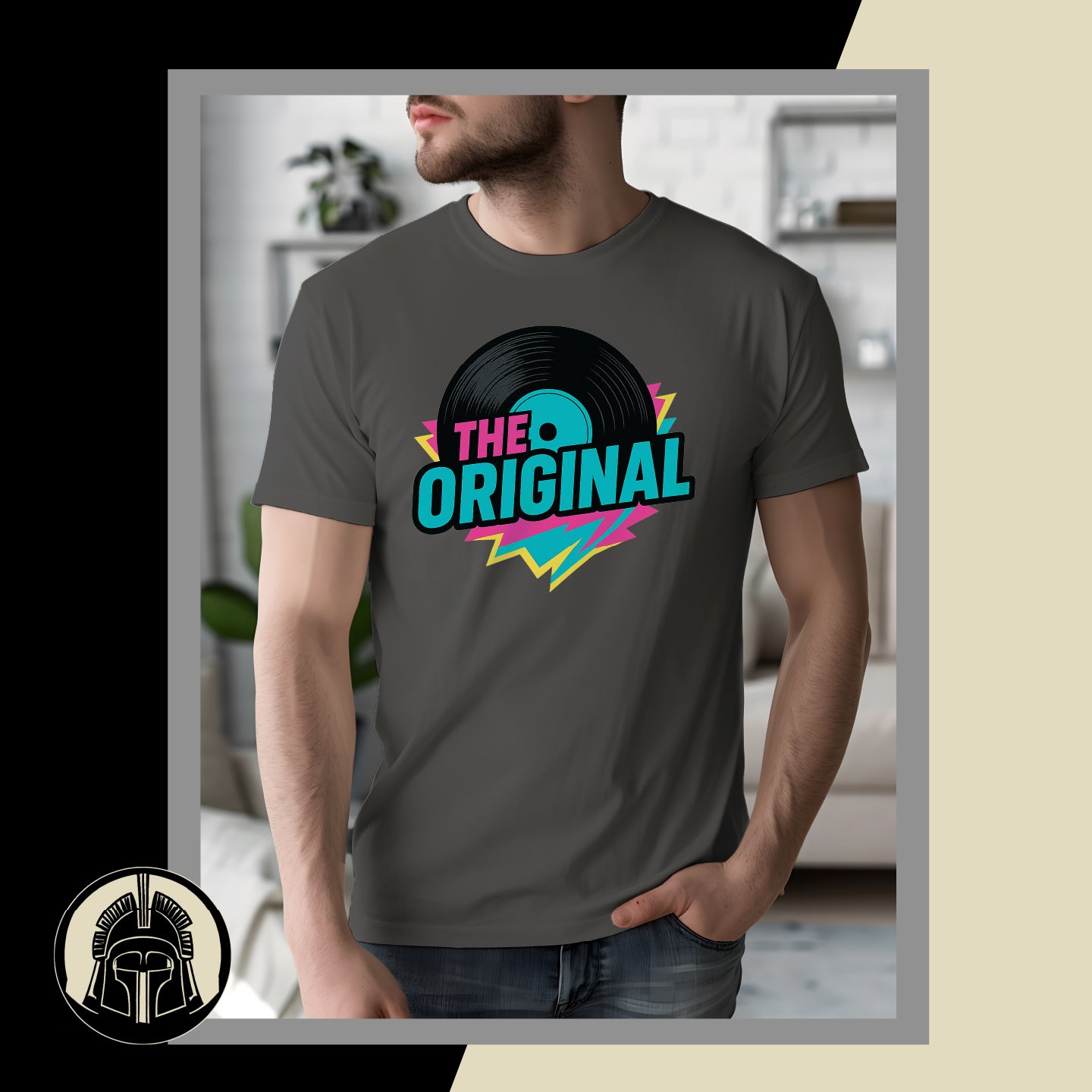 Person wearing a gray t-shirt with 'The Original' graphic design in a casual setting.