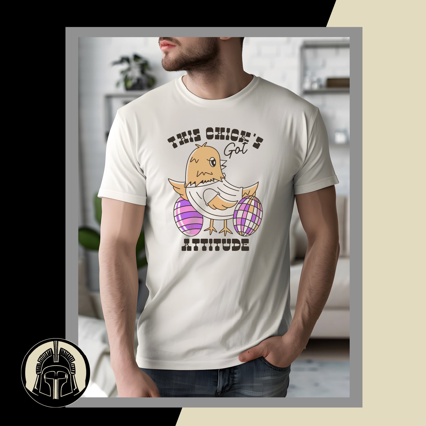 This Chicks Got Attitude graphic with chick and colorful eggs on a white shirt worn by a person