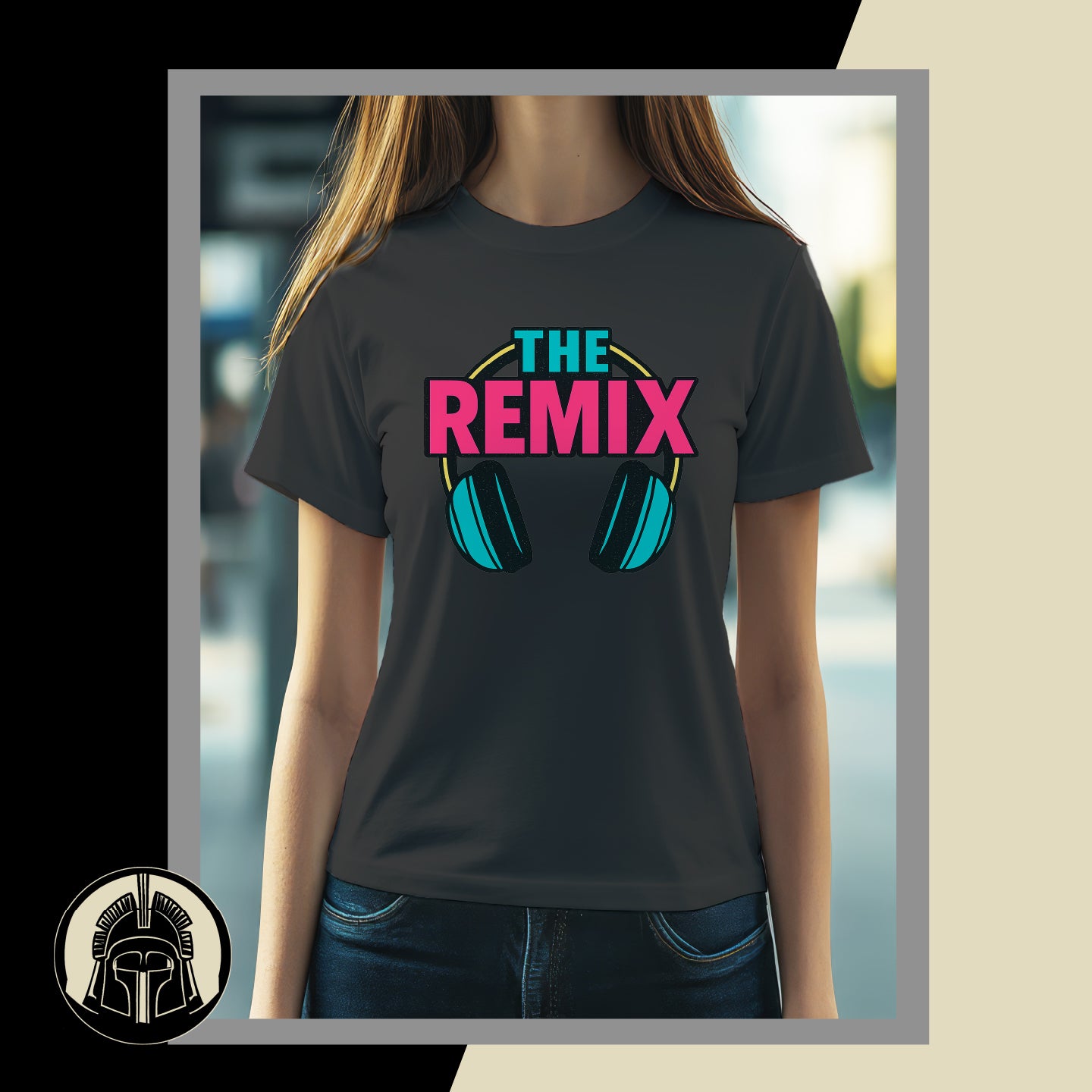 Person wearing a black t-shirt with 'The Remix' design, featuring headphones.