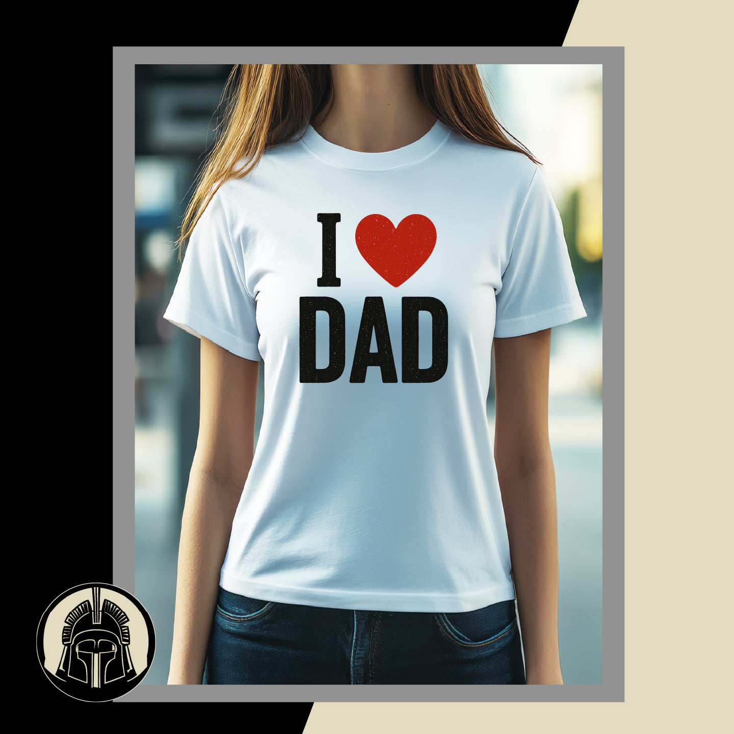 Person wearing a white t-shirt with 'I ❤️ DAD' text.