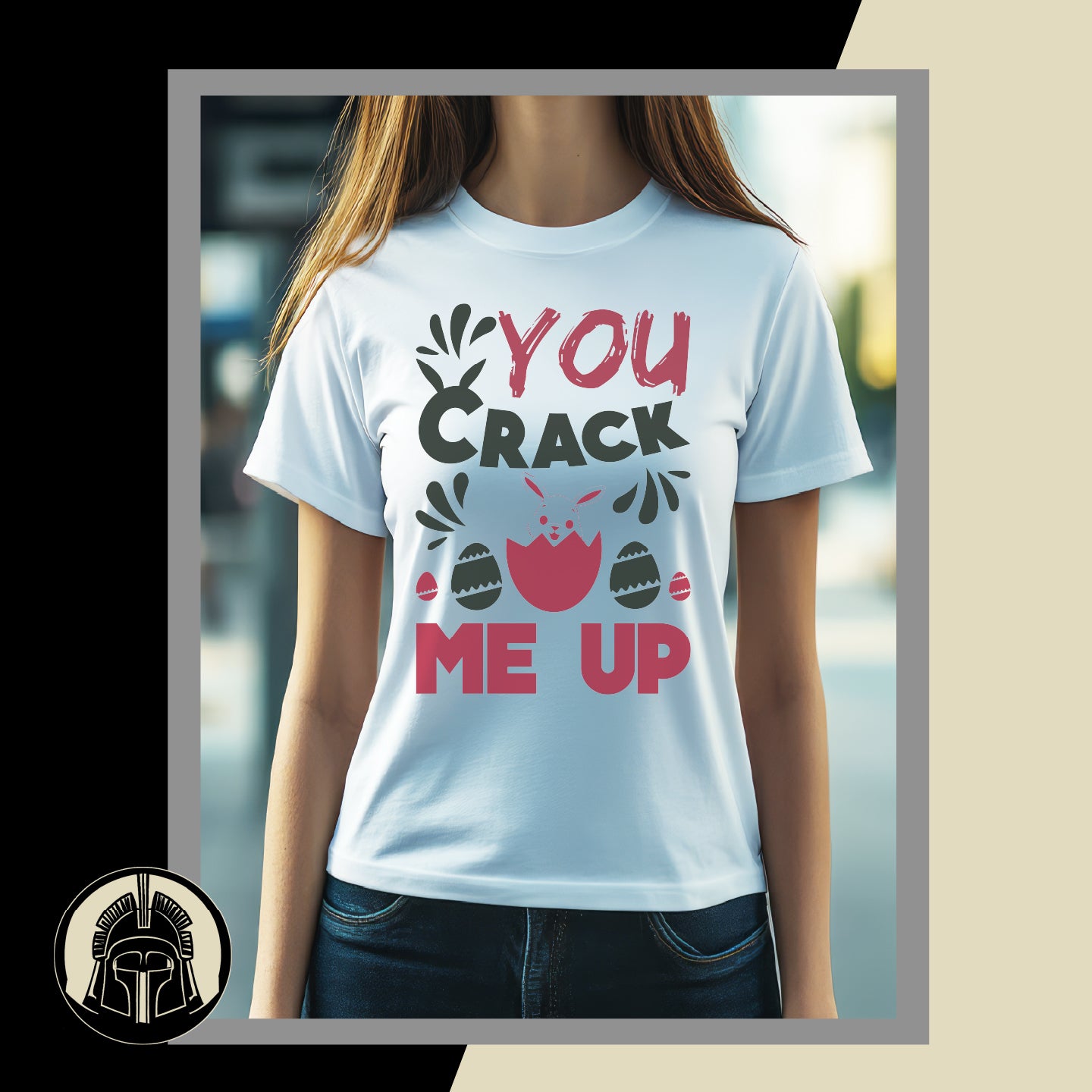 You Crack Me Up graphic in red and black with a rabbit in an egg on a white t-shirt and woman