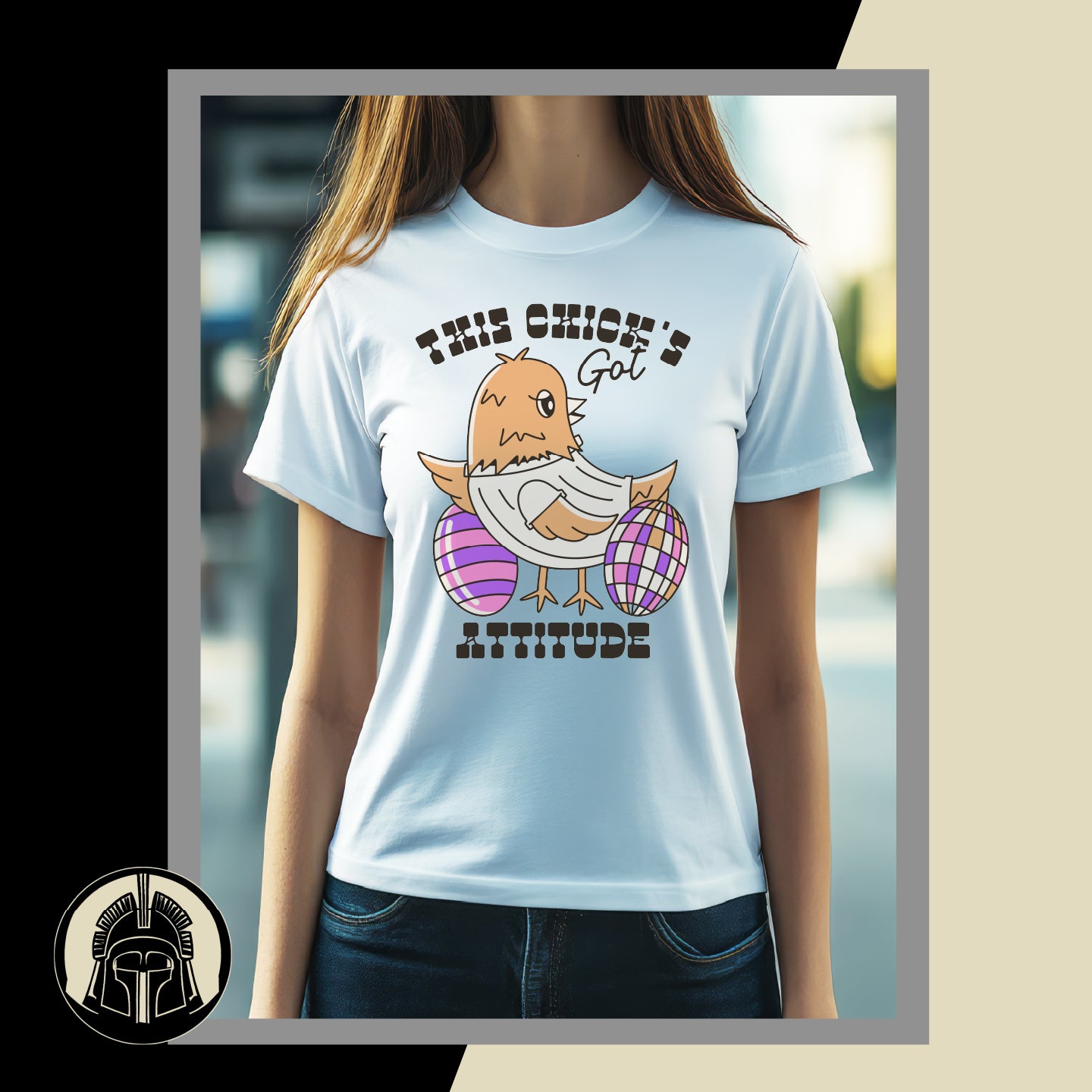 This Chicks Got Attitude graphic with chick and colorful eggs on a white t-shirt worn by a woman