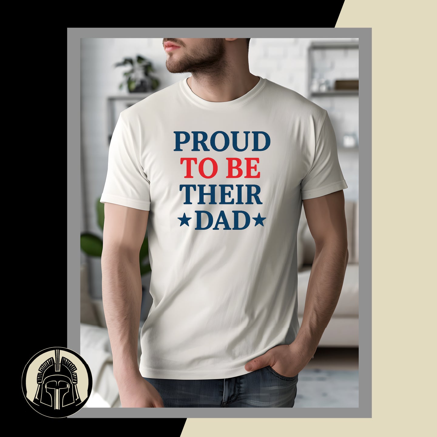 Person wearing a white t-shirt with 'PROUD TO BE THEIR DAD' text in red and blue.