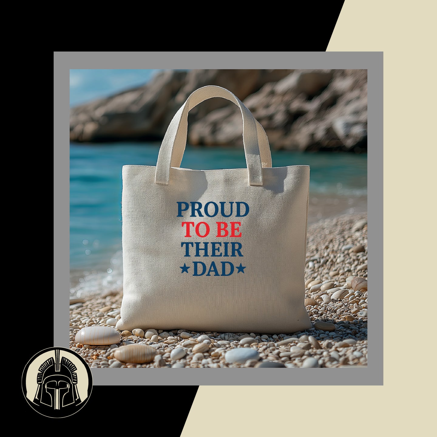 Tote bag with 'Proud to be their dad' text on a beach