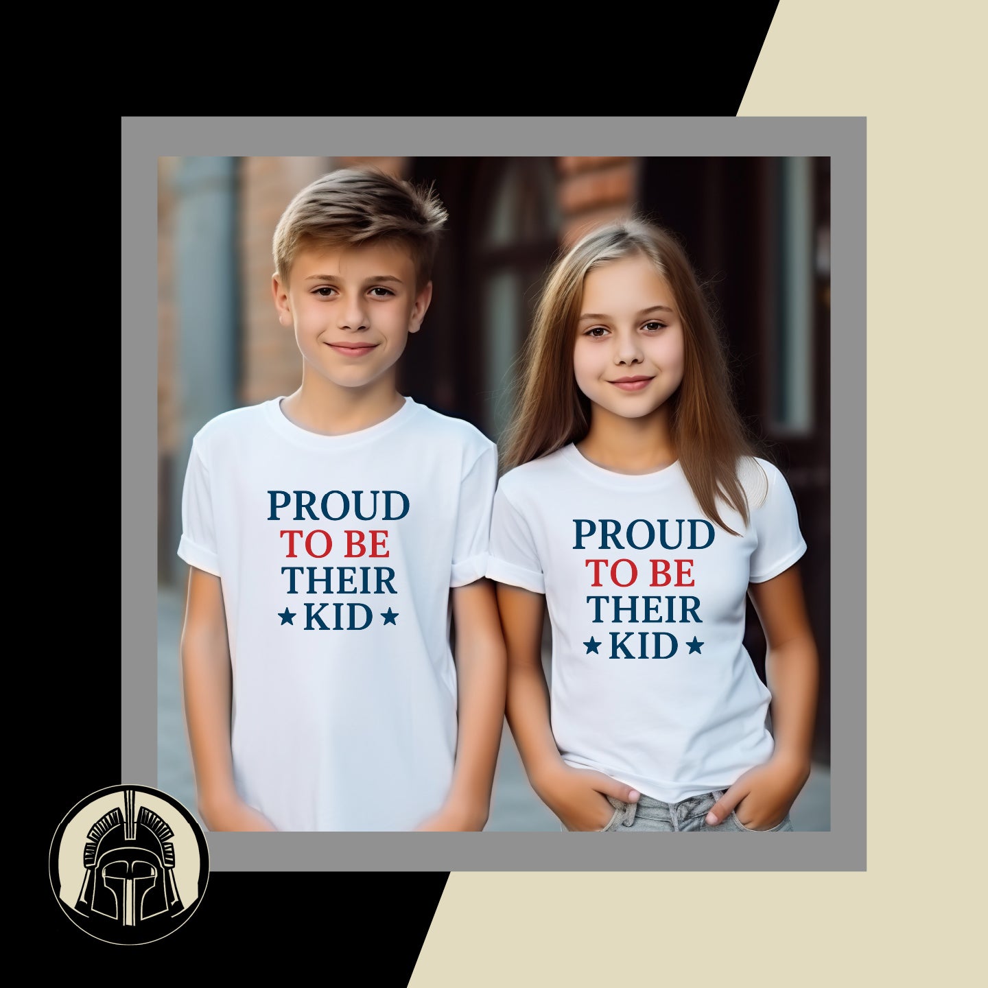 Two children wearing white t-shirts with 'PROUD TO BE THEIR KID' text, standing side by side.