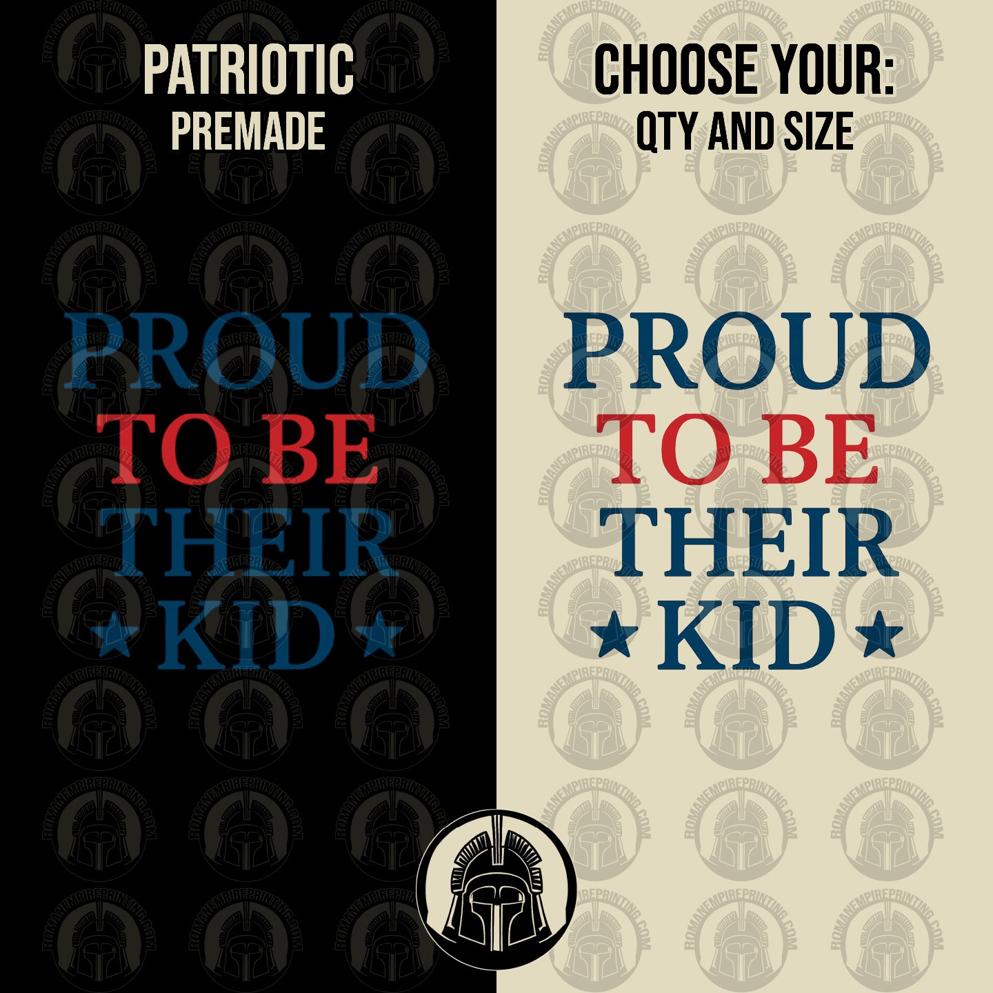 Two versions of a design with text 'Proud to be their kid' in red and blue on black and beige backgrounds.