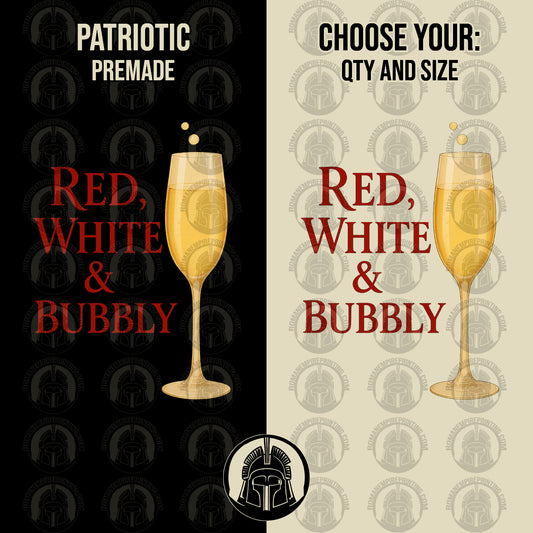 Promotional graphic for 'Red, White & Bubbly' with champagne glass design on a black and beige background.