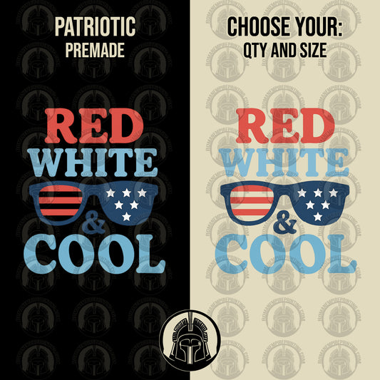 Promotional graphic for 'Red White & Cool' sunglasses with patriotic design on a black and beige background.