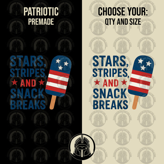 Design of a patriotic ice cream popsicle with text on a black and beige background.