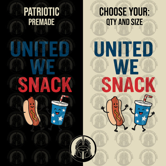 Two versions of a graphic with 'United We Snack' text and cartoon hot dog and drink on a black and beige background.
